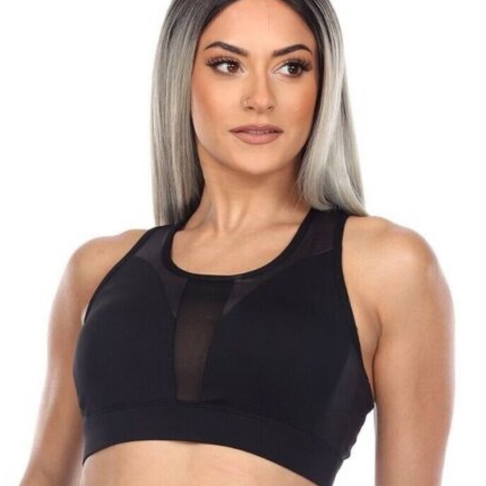NWT White Mark Black Mesh Racer Back Sports Bra, Size Large